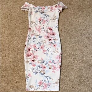 Windsor Off-Shoulder Floral Midi Dress in Pink and Cream